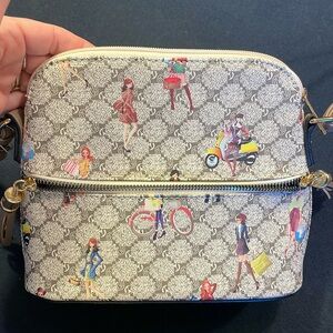 Women’s crossbody bag with fashionista girls riding a bike, moped, carrying bags